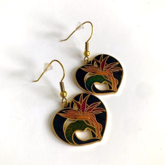 Cloisonné Tropical Flower Heart Shaped Vintage Pierced Earrings - Picture 6 of 14